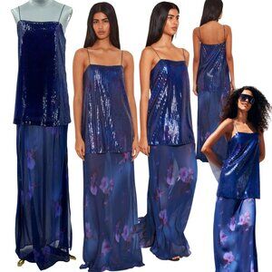 🆕 RAT & BOA 🧿 NWOT Violetta Blue Sequin & Floral Printed Maxi Dress, Sz S